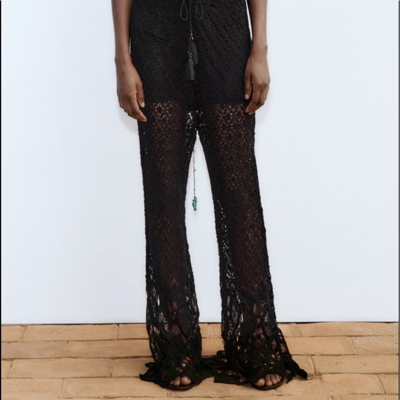 Zara crochet flared black knit pants beads and tassels - Picture 9 of 16